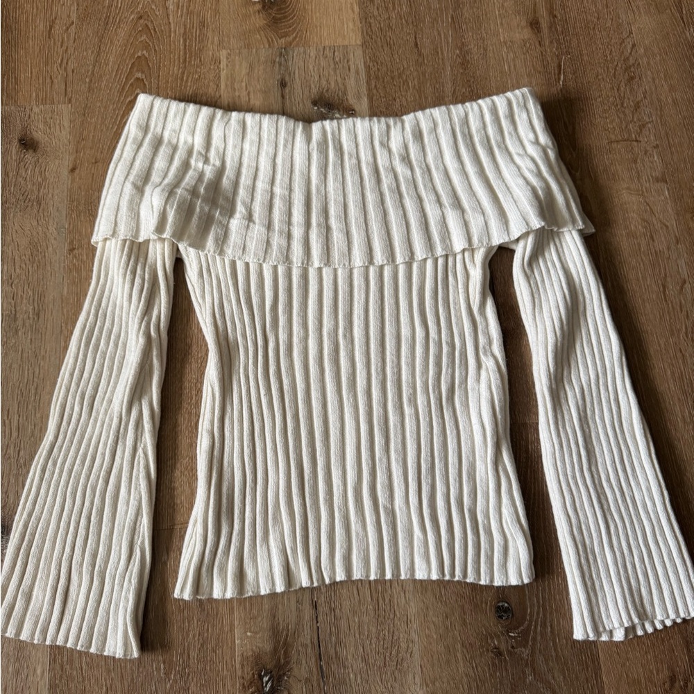 Reformation Cream/White Lana Off-Shoulder Cashmere & Wool Ribbed Sweater Size L
